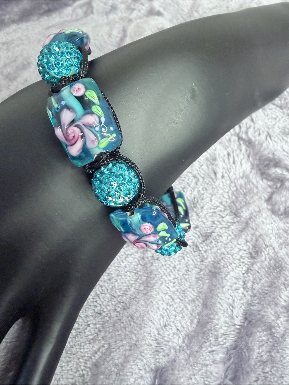 Handmade Glass Teal Lampwork Floral Bracelet- Adjustable size